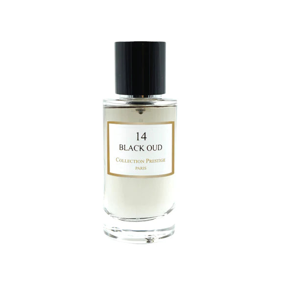 N°14 Black Oud – parfumflacon op witte achtergrond