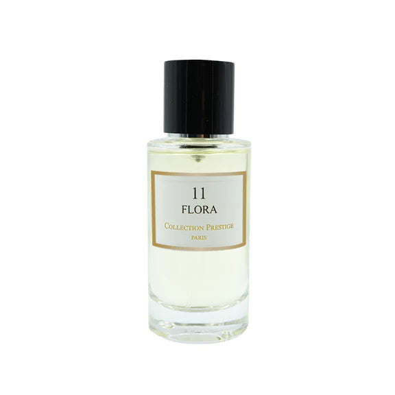 N°11 Flora – parfumflacon op witte achtergrond