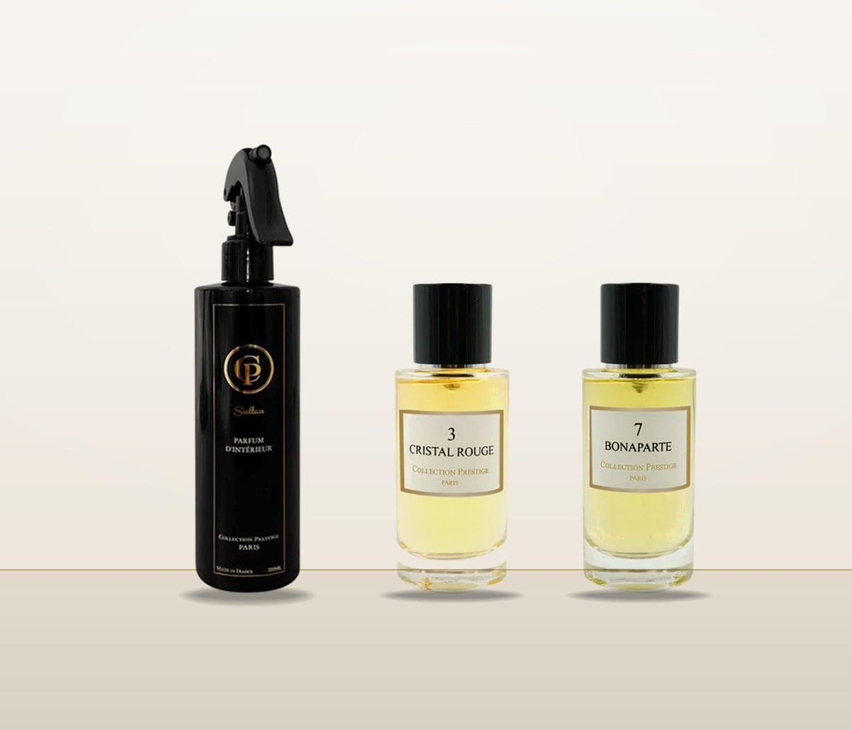Roomspray N°9 Sultan naast de parfums N°3 Cristal Rouge en N°7 Bonaparte